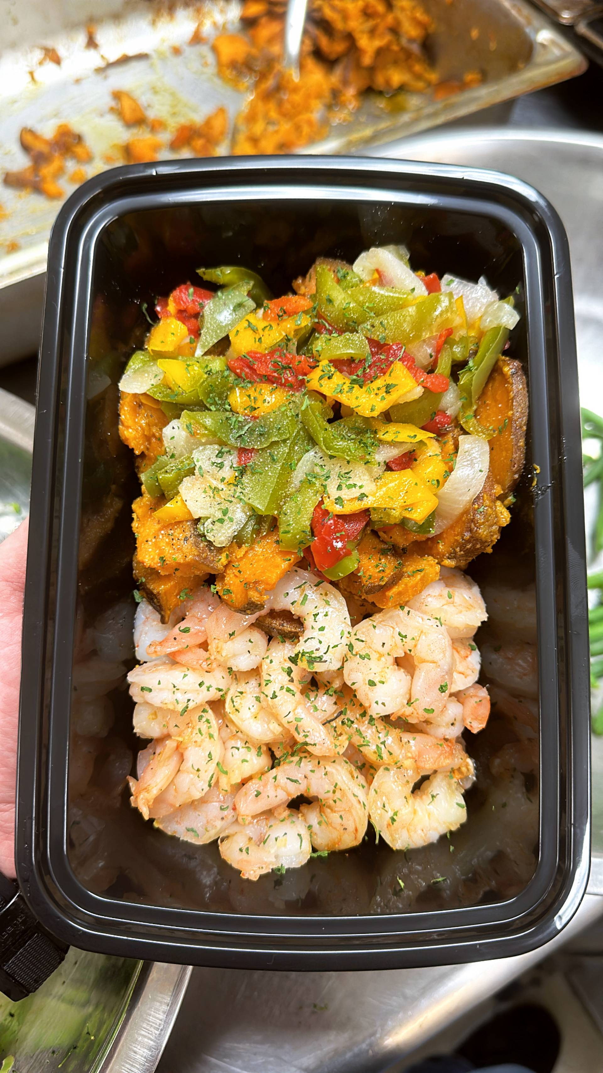 Shrimp + Sweet Potato + Peppers & Onions