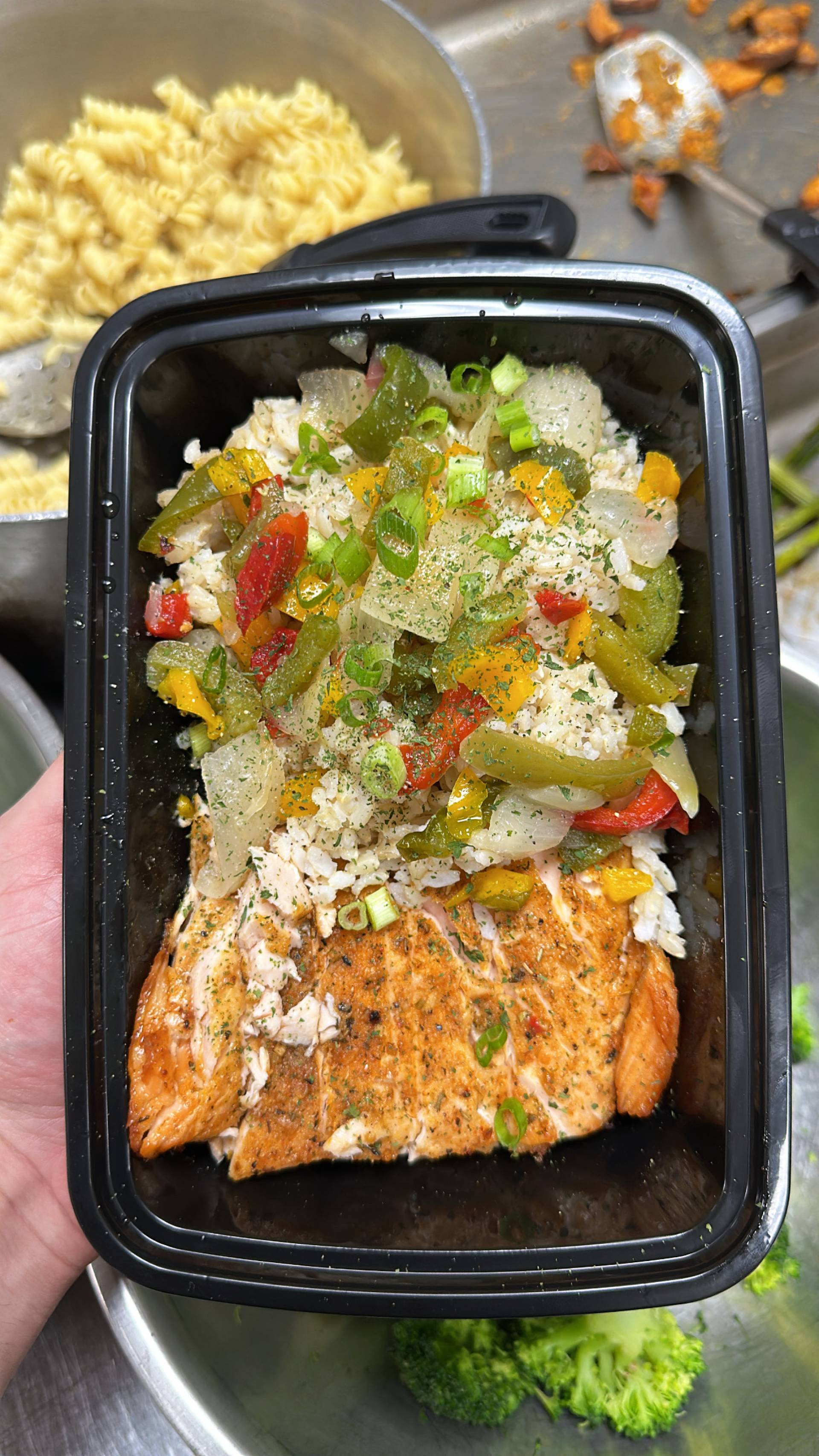 Salmon + Rice ( Brown ) + Peppers & Onions